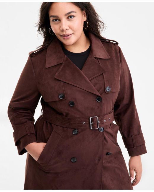 BCBGMAXAZRIA Red Plus Size Double-breasted Faux-suede Belted Trench Coat
