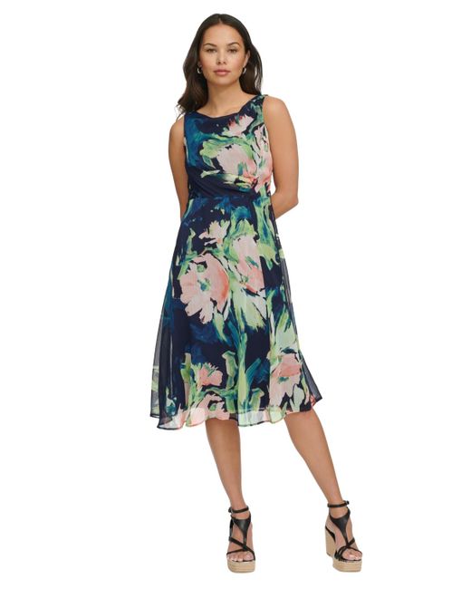 DKNY Blue Petite Printed Boat-neck Side-ruched Dress