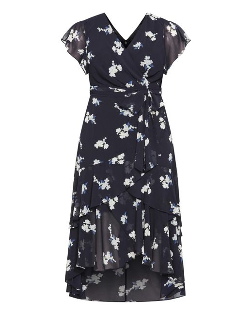 City Chic Blue Plus Size Demure V-neck Flutter Sleeve Floral Maxi Dress