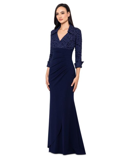 Xscape Blue Collared V-neck Jacquard Dress