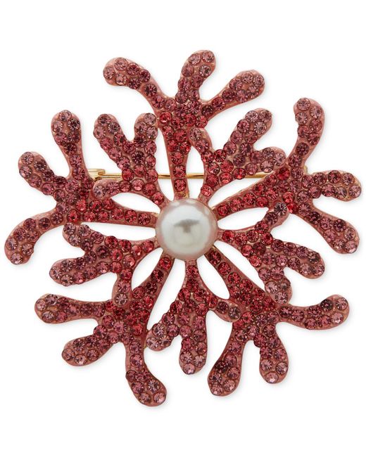 Anne Klein Red Gold-tone Color Pave & Imitation Pearl Sea Coral Pin