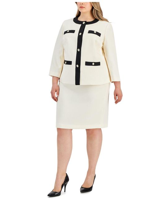 Le Suit White Plus Size Tweed Framed Four-pocket Skirt Suit