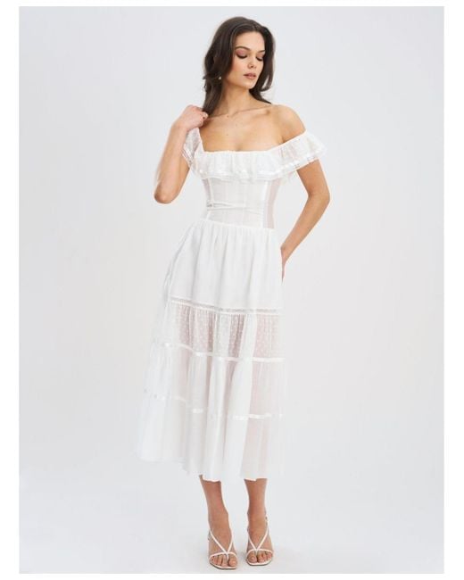 Miss Circle White Eden Square Neck Ruffle Trim High Waist Midi Dress