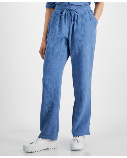 Calvin Klein Blue Petite Crepe Gauze Straight-leg Pants