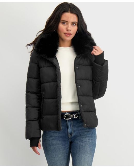 Tahari Women's Black Faux-fur-collar Hooded Puffer Coat