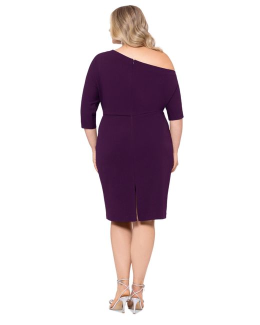 Betsy & Adam Purple Plus Size Off-shoulder 3/4-sleeve Sheath Dress