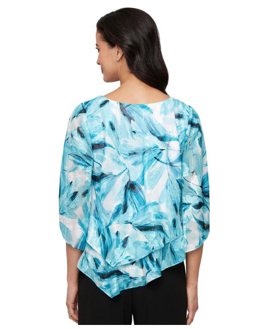 Alex Evenings Blue Petite 3/4-sleeve V-hem Burnout Blouse