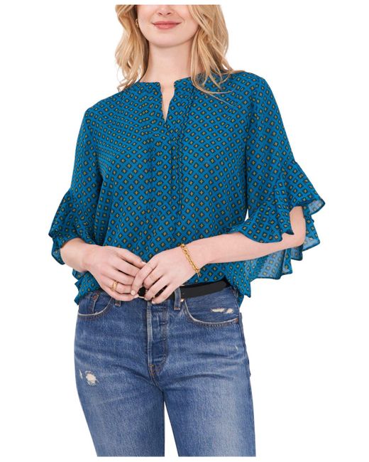 Vince Camuto Synthetic Flutter Sleeve Diamond Tiles Blouse in Blue Lyst