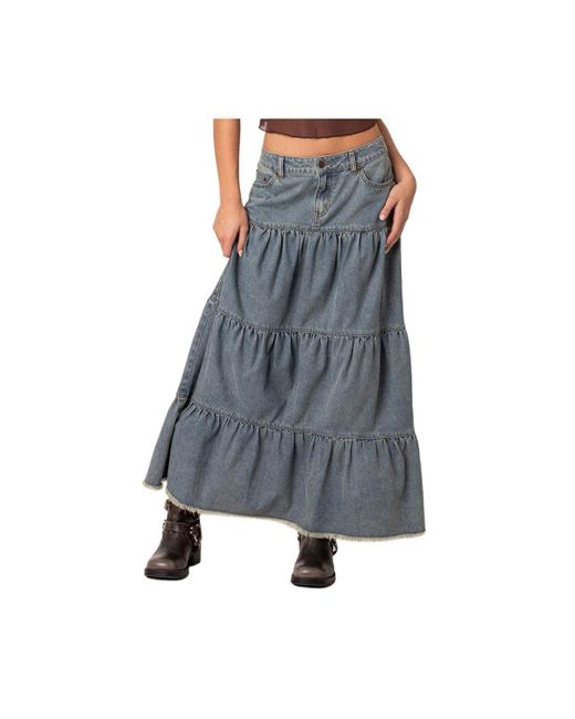 Edikted Gray Countryside Tiered Washed Denim Maxi Skirt