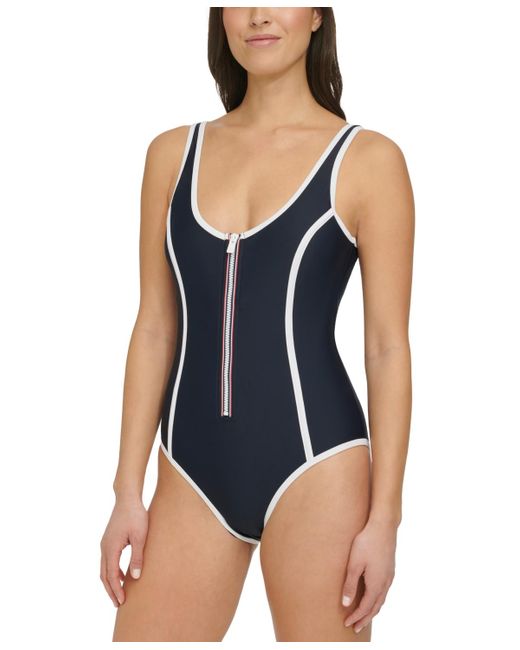 Tommy Hilfiger Blue Seamed One-piece Zip-up Swimsuit