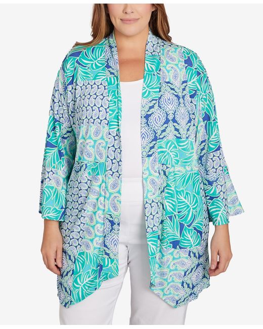 Ruby Rd Blue Plus Size Bali Patchwork Knit Cardigan Top