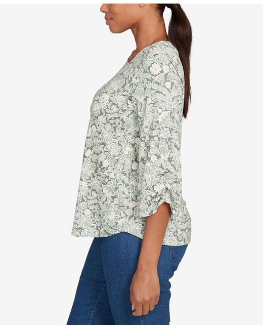 Ruby Rd Gray Petite Floral Dew Drop Ruched Sleeves Top