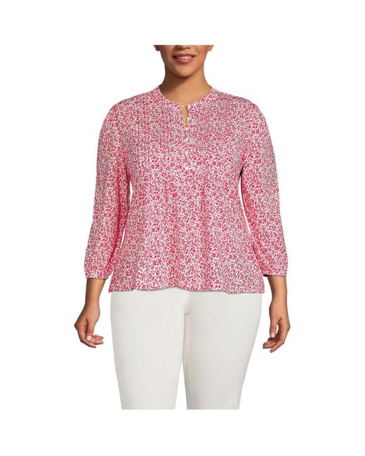Lands' End Red Plus Size Lightweight Jersey Button Pintuck Top