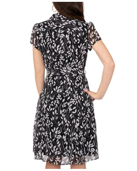 Msk Black Petite Collared Printed Chiffon Fit & Flare Dress