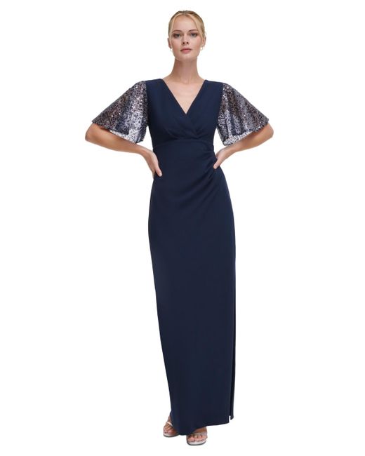 DKNY Blue V-neck Sequin Flutter-sleeve Gown
