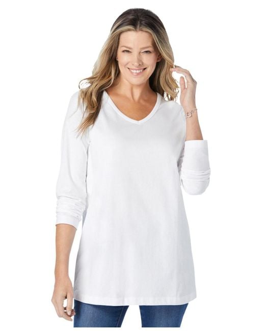 Woman Within White Plus Size Within Perfect Long-sleeve V-neck Tee