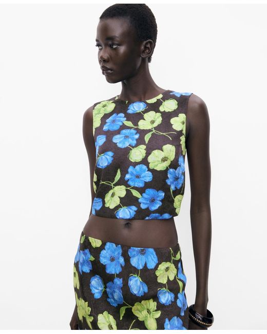 Mango Blue Open-back Floral Blouse