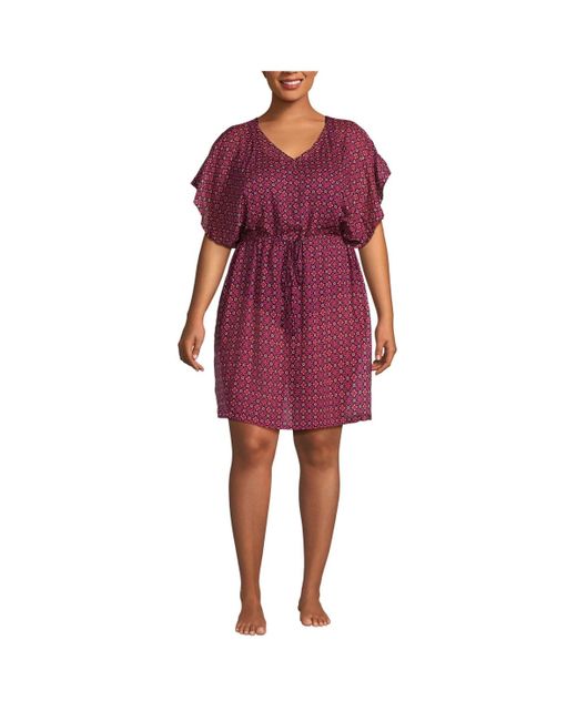 Lands' End Plus Size Sheer Over D Short Sleeve Gathered Waist Swim Cover-up Dress