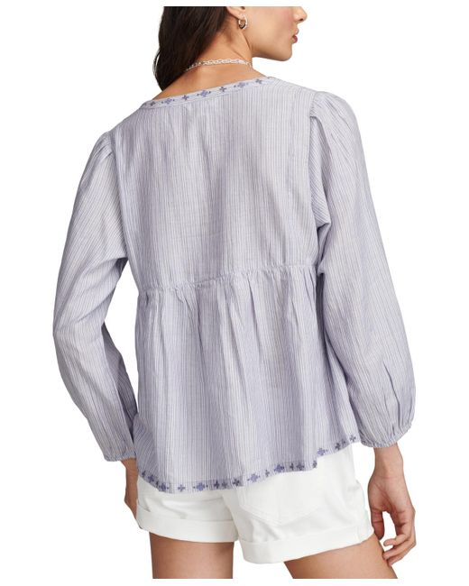 Lucky Brand Purple Striped Cotton Notched-neck Peasant Blouse