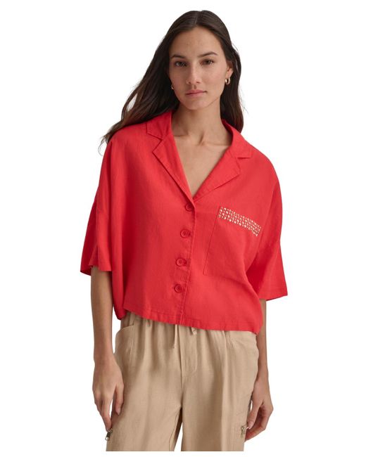 DKNY Red Linen Studded Camp Shirt