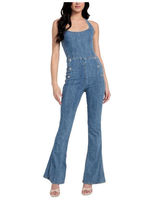 Guess Blue Blair Denim Halter Flared-leg Jumpsuit