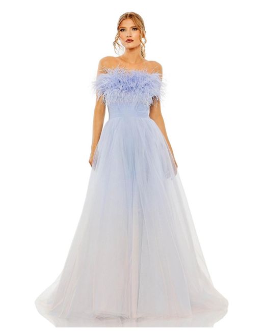 Mac Duggal White Strapless Feather Hem Tulle Gown