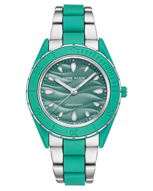 Anne Klein Silver-tone And Pastel Green Solar Ocean Work Plastic Bracelet Watch