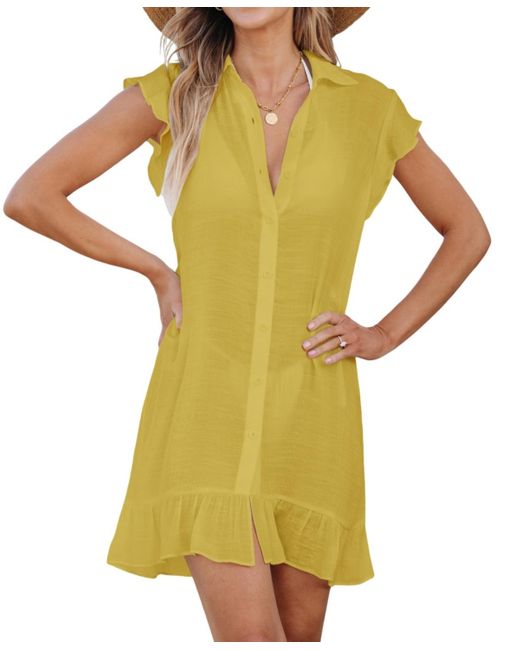 CUPSHE Yellow Button-up Collared Ruffle Mini Cover-up