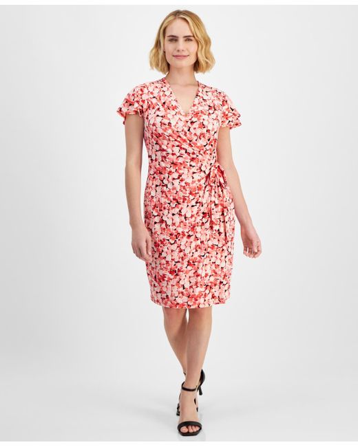 Anne Klein Red Petite Printed Flutter-sleeve Faux-wrap Dress