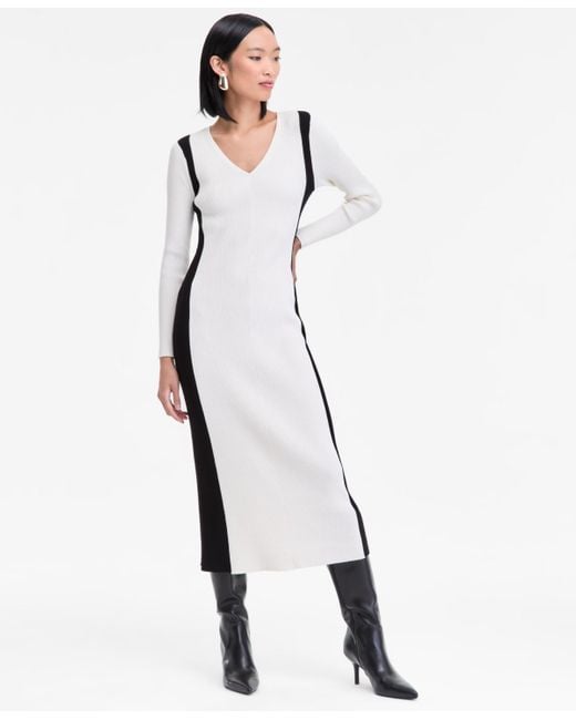 INC International Concepts Women's White Contrast Panel Sweater Dress