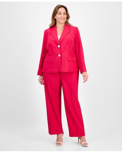 Le Suit Red Plus Size Crepe Two-button Jacket & Pull-on Pantsuit Set