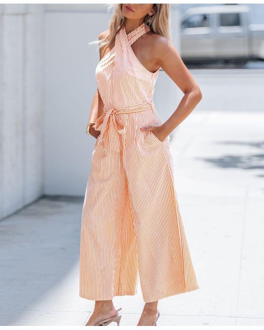 CUPSHE Orange Vibrant Striped Cross-front Halter Wide Leg Jumpsuit