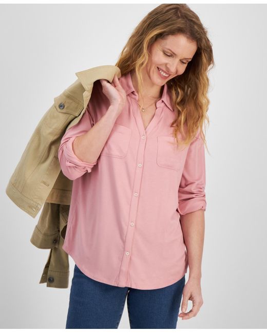 Style & Co. Pink Button-down Knit Shirt