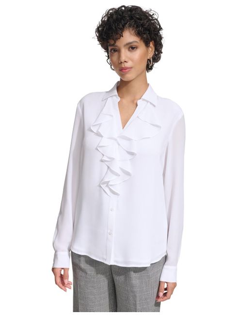 Calvin Klein White Ruffle-front Long-sleeve Shirt