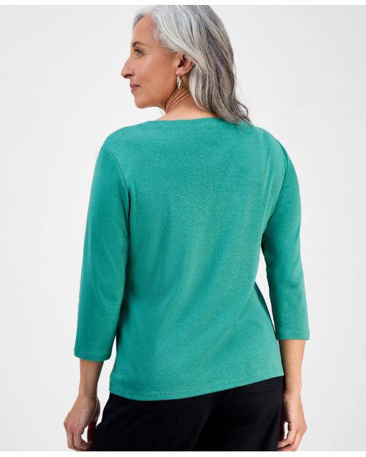 Style & Co. Green Petite Cotton Knit Henley 3/4-sleeve Top