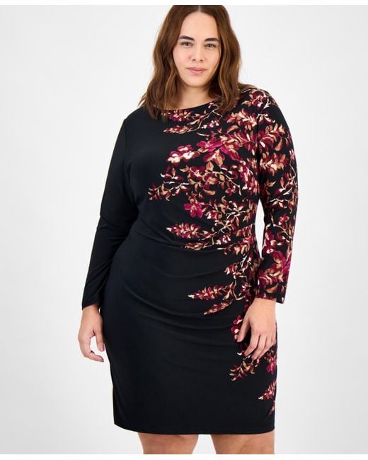 Kasper Black Plus Size Printed Long-sleeve Sheath Dress