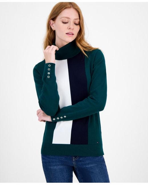 Tommy Hilfiger Blue Cotton Vertical Stripe Turtleneck Sweater