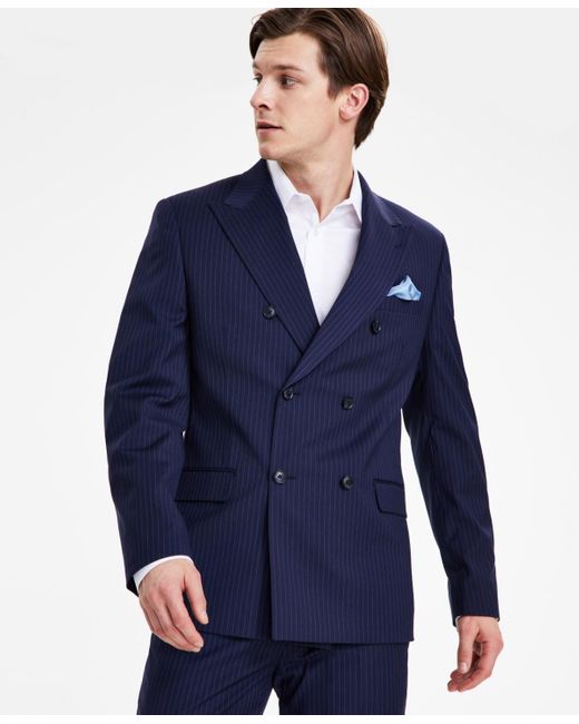 Alfani Blue Slim-fit Stripe Double Breasted Suit Jacket for men