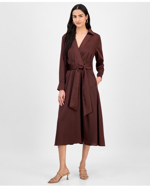 Tahari Collared V-neck Tie-waist Midi Dress