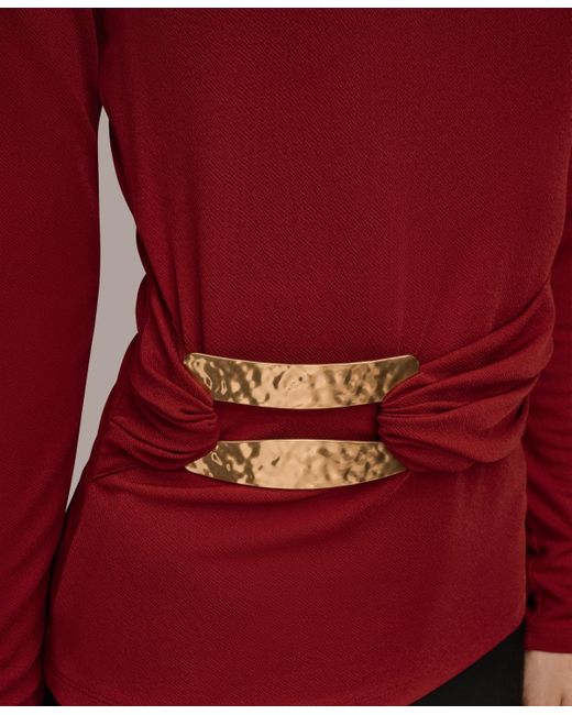 Donna Karan Red Long Sleeve Double Bar Hardware Top