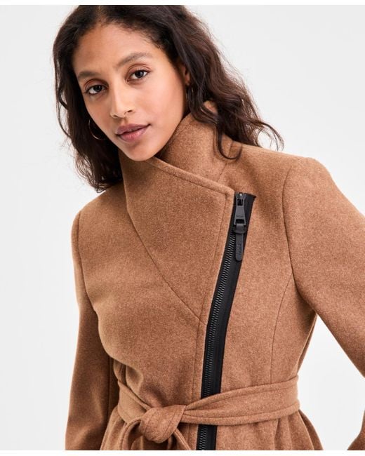 DKNY Brown Asymmetric Front-zip Belted Coat