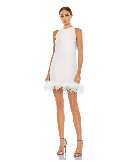 Mac Duggal White Feathered Hem High Neck Sleeveless A Line Dress