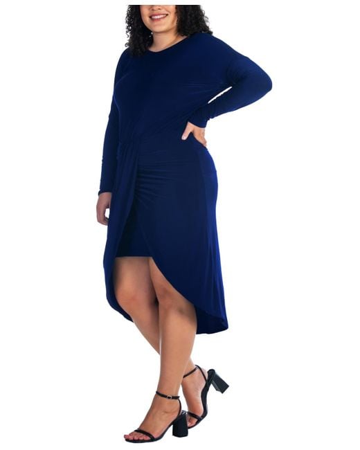 24seven Comfort Apparel Blue Plus Size Long Sleeve High Low Dress