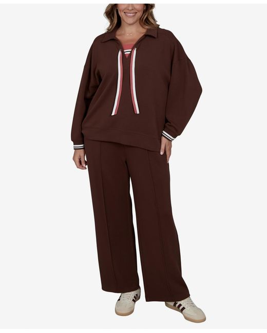 Ruby Rd Brown Plus Size Stripe Trim Drawstring Pullover Top