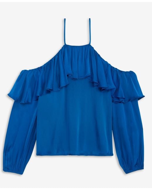 INC International Concepts Blue Cold-shoulder Long-sleeve Ruffle Blouse