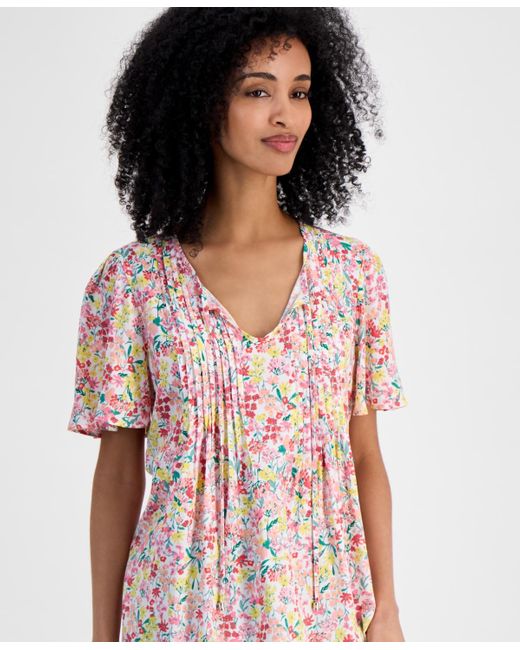 Tommy Hilfiger White Pintucked Floral-print Top