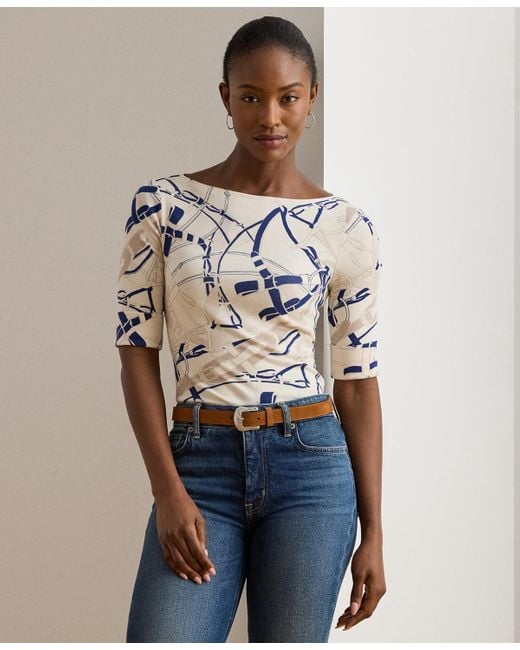 Ralph Lauren Blue Petite Belting-print Cotton Boatneck Tee