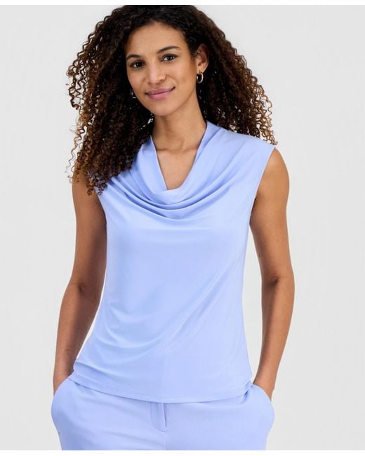 Kasper Blue Petite Solid Cowl Neck Cap Sleeve Blouse