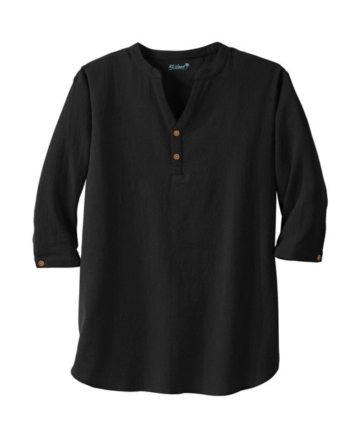 Kingsize Black Big & Tall Gauze Mandarin Collar 3/4 Sleeve Shirt for men