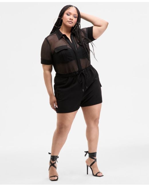 Nina Parker Black Trendy Plus Size Mesh Utility Romper